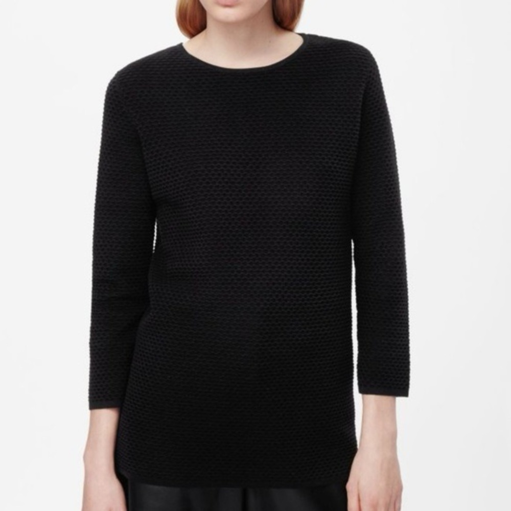 COS Textured Cotton Raised Stitch Longline Sweater with 3/4 Sleeves (Navy, S)
